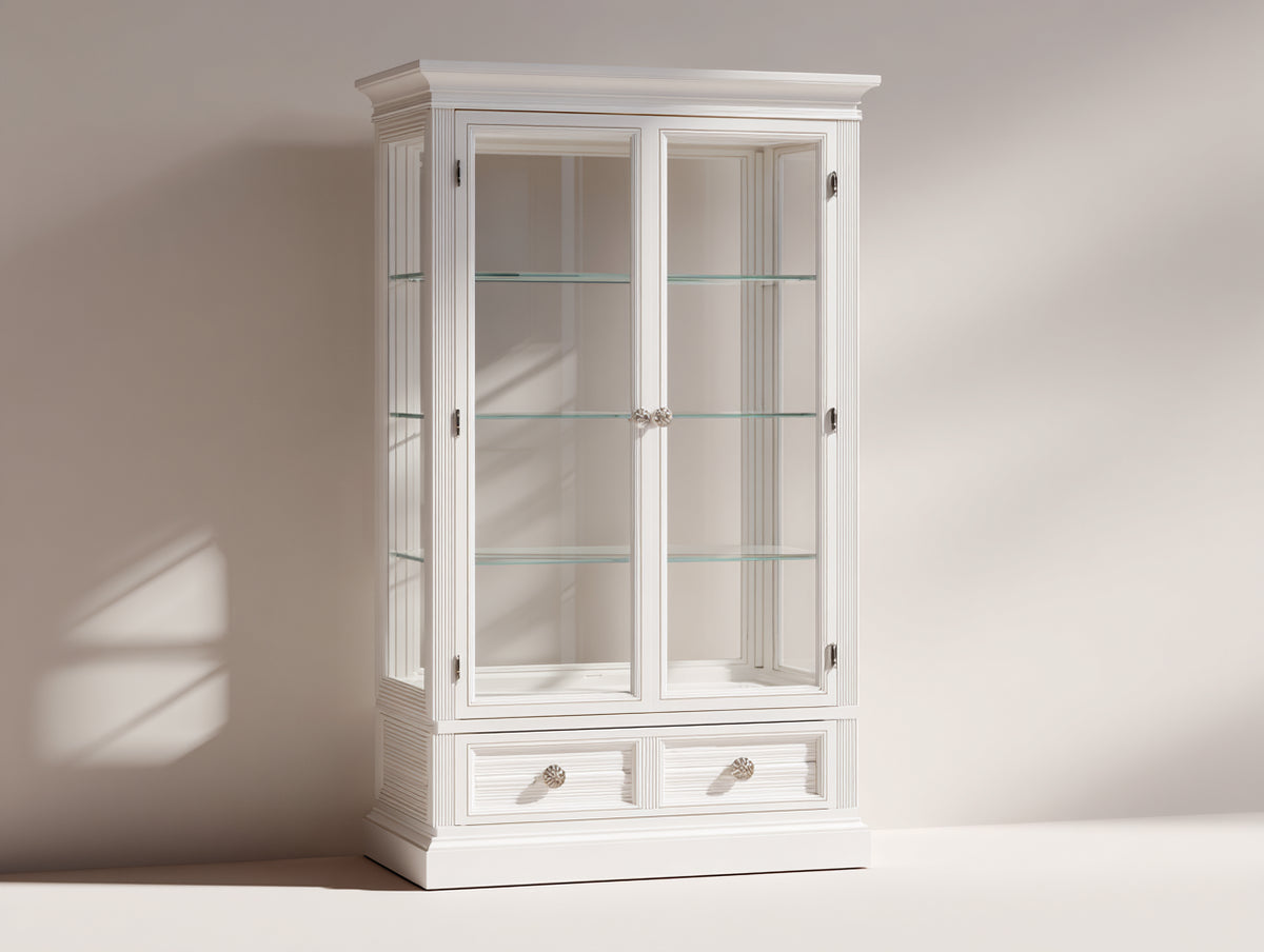 Vitrinas de madera 100 x 42 x 185 cm - blanco - diseño clásico con dos puertas de cristal y dos cajones