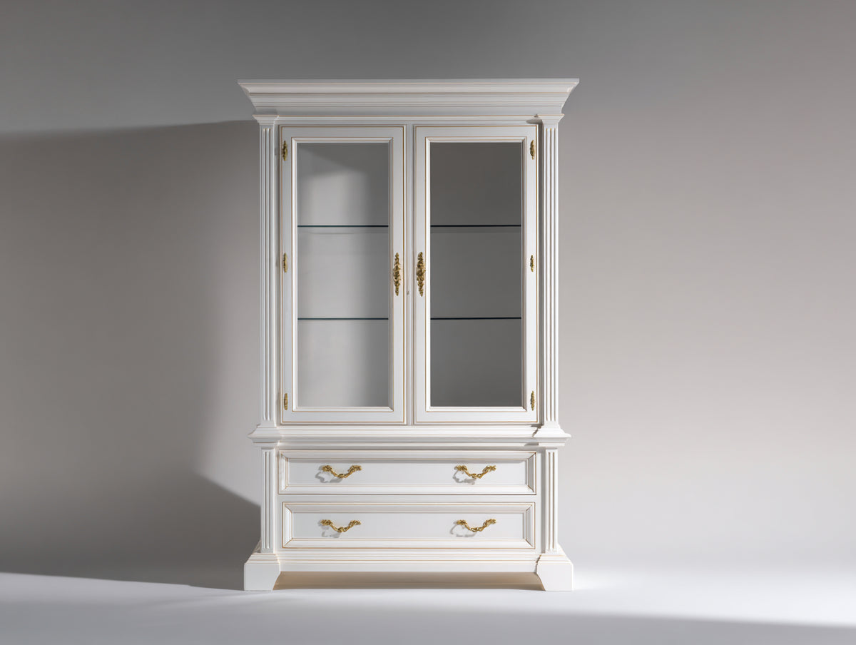 Vitrinas de madera y vidrio 120x45x200 cm - blanco y dorado - 2 puertas y 2 cajones diseño clásico