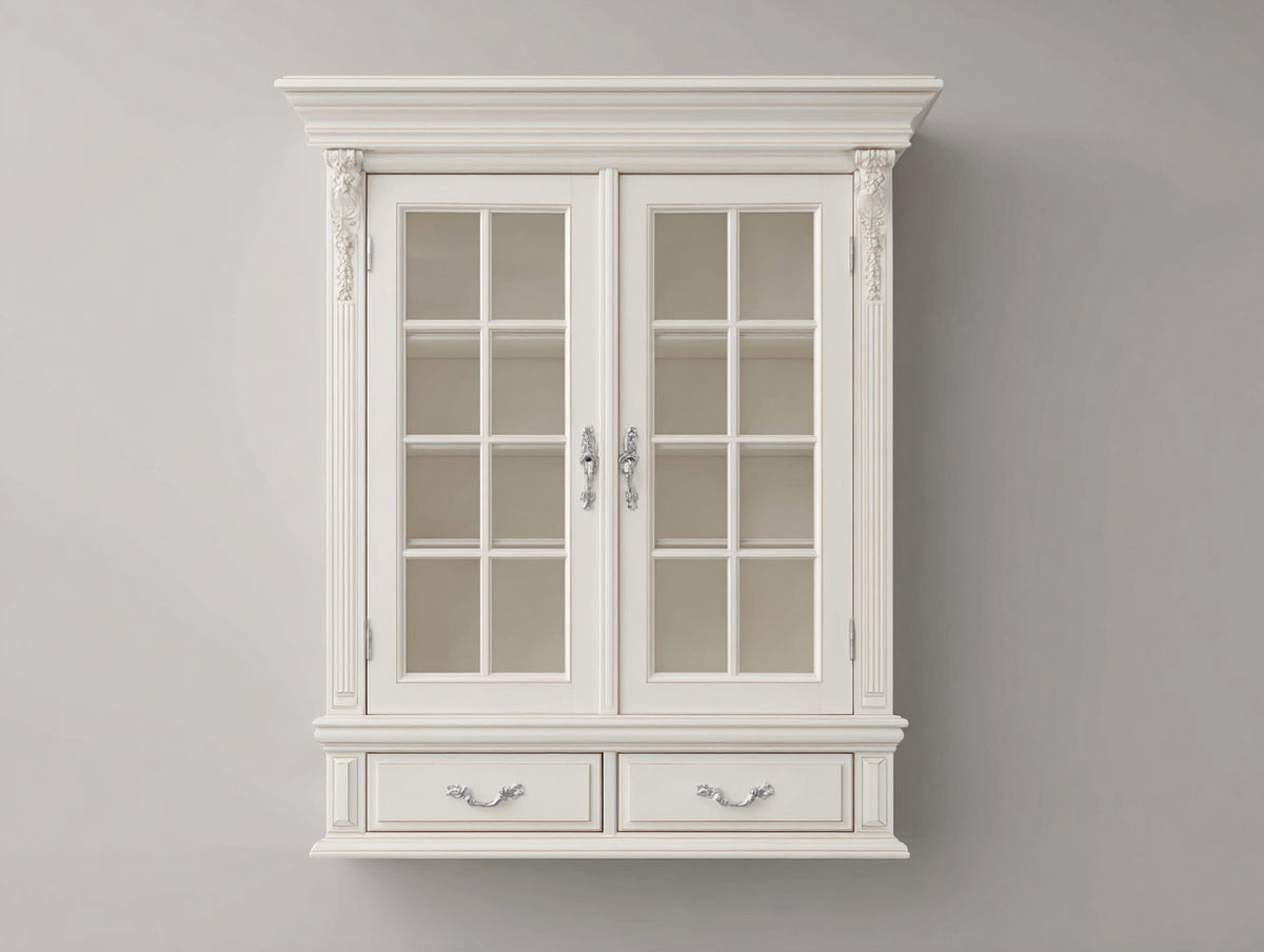 Vitrinas de madera con 2 puertas de vidrio 110x35x140 cm - Blanco - 2 cajones y diseño clásico
