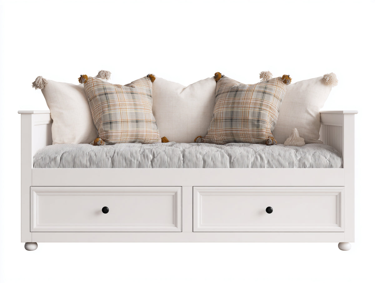Sofás cama de madera maciza 200x95x90 cm - Blanco - 2 cajones y diseño clásico
