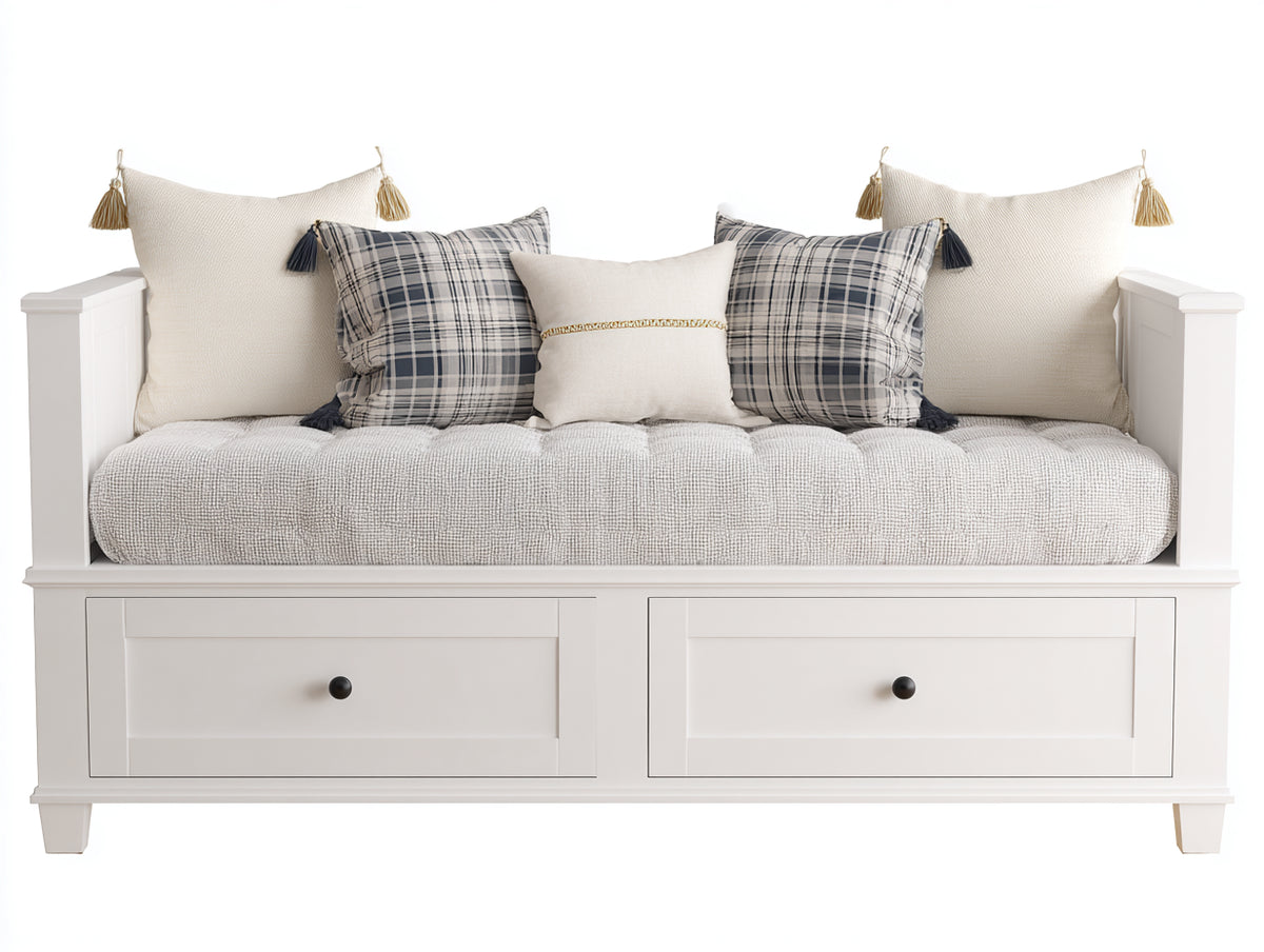 Sofás cama de madera maciza 200x95x90 cm - Blanco - 2 cajones y diseño clásico