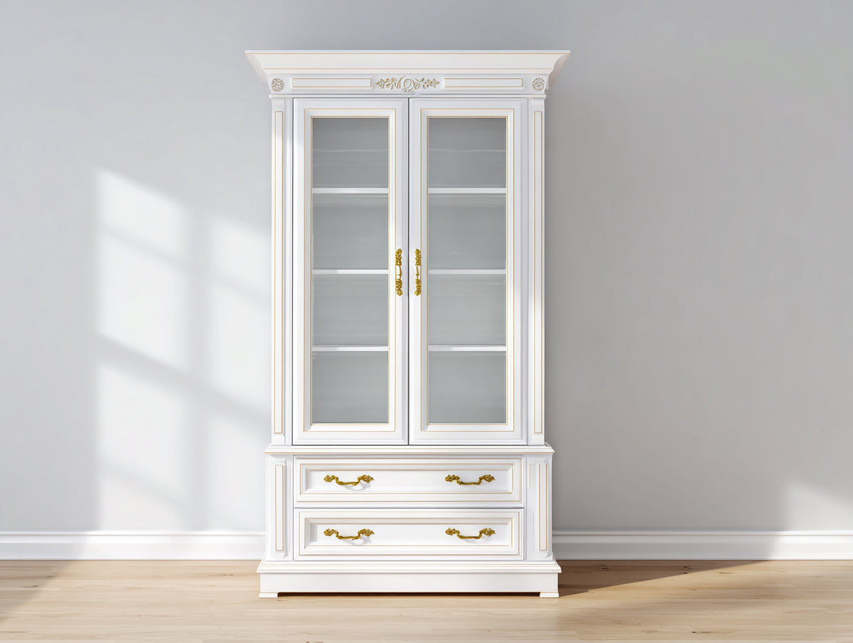 Vitrinas de madera y vidrio 100 x 45 x 200 cm - blanco-dorado - estilo clásico con 2 puertas y 2 cajones