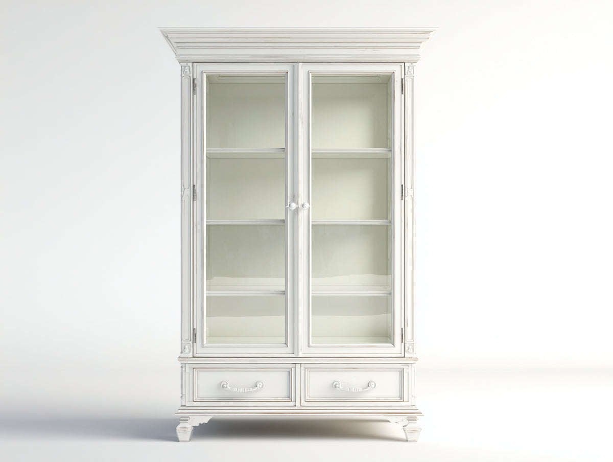 Vitrinas de madera y vidrio 115x45x195 cm - blanco - 2 puertas y 2 cajones diseño clásico