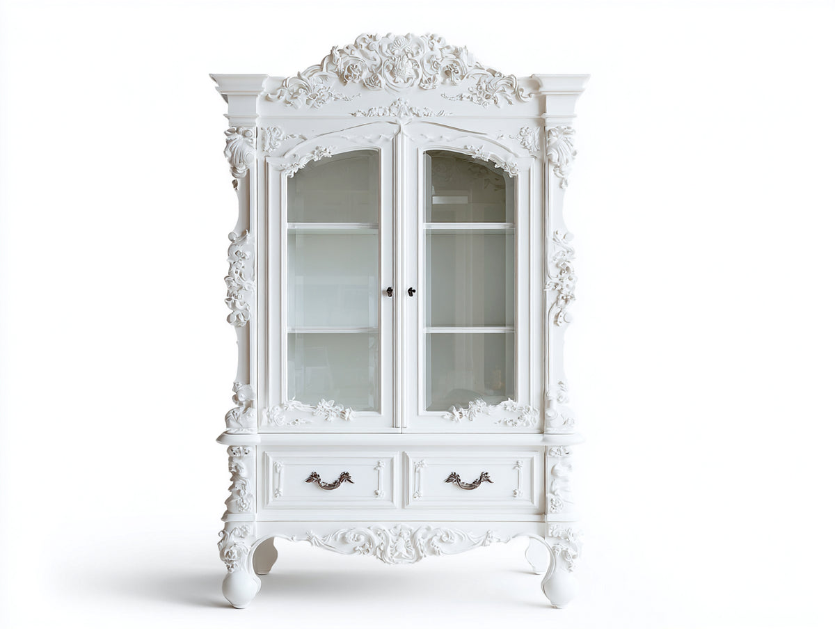 Vitrinas de madera y vidrio 110 x 48 x 205 cm - blanco - estilo clásico ornamentado con 2 puertas y 2 cajones