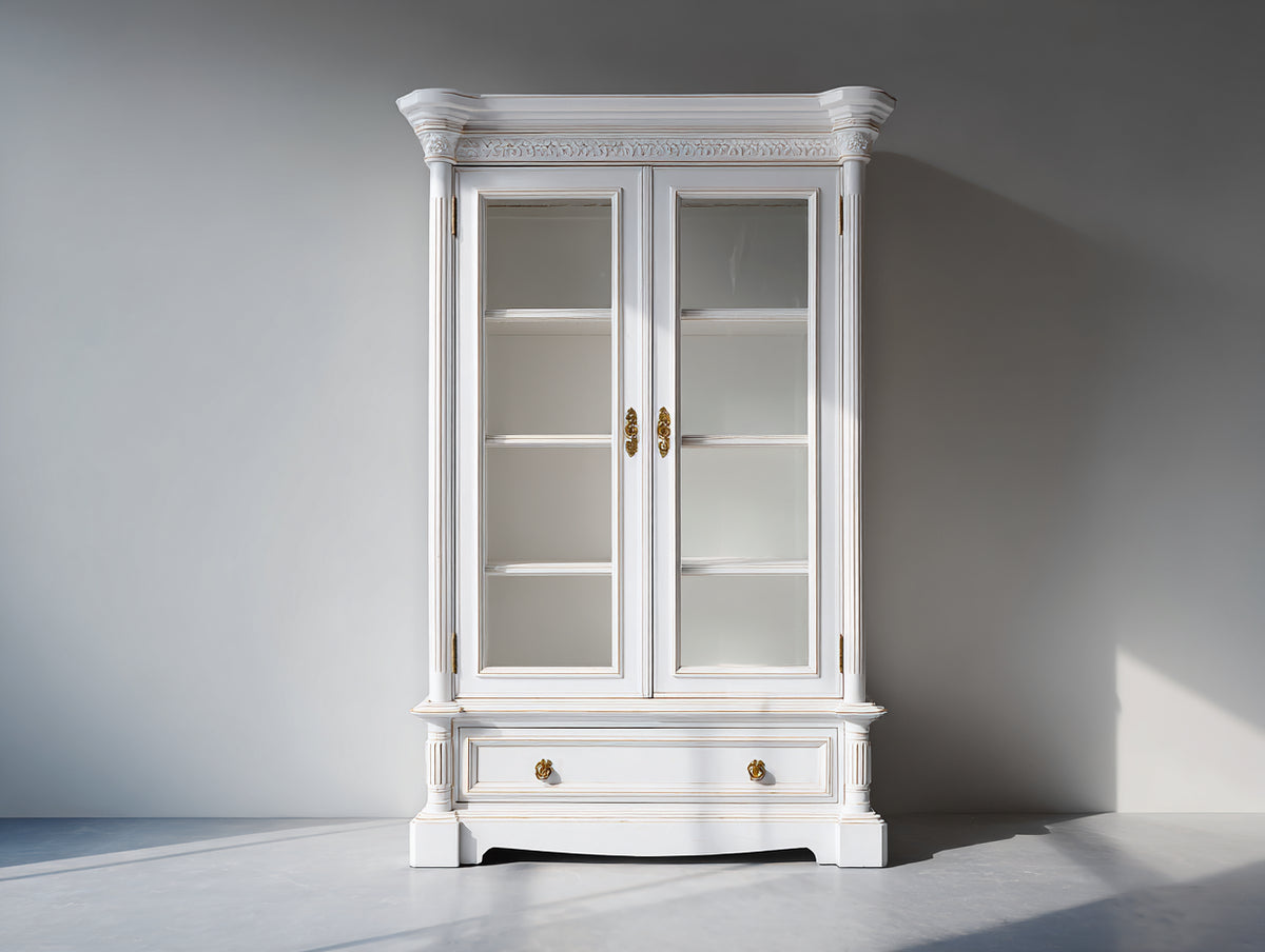Vitrinas de madera con 2 puertas de vidrio y 1 cajón 100x45x190 cm - blanco y dorado - diseño clásico con estantes interiores
