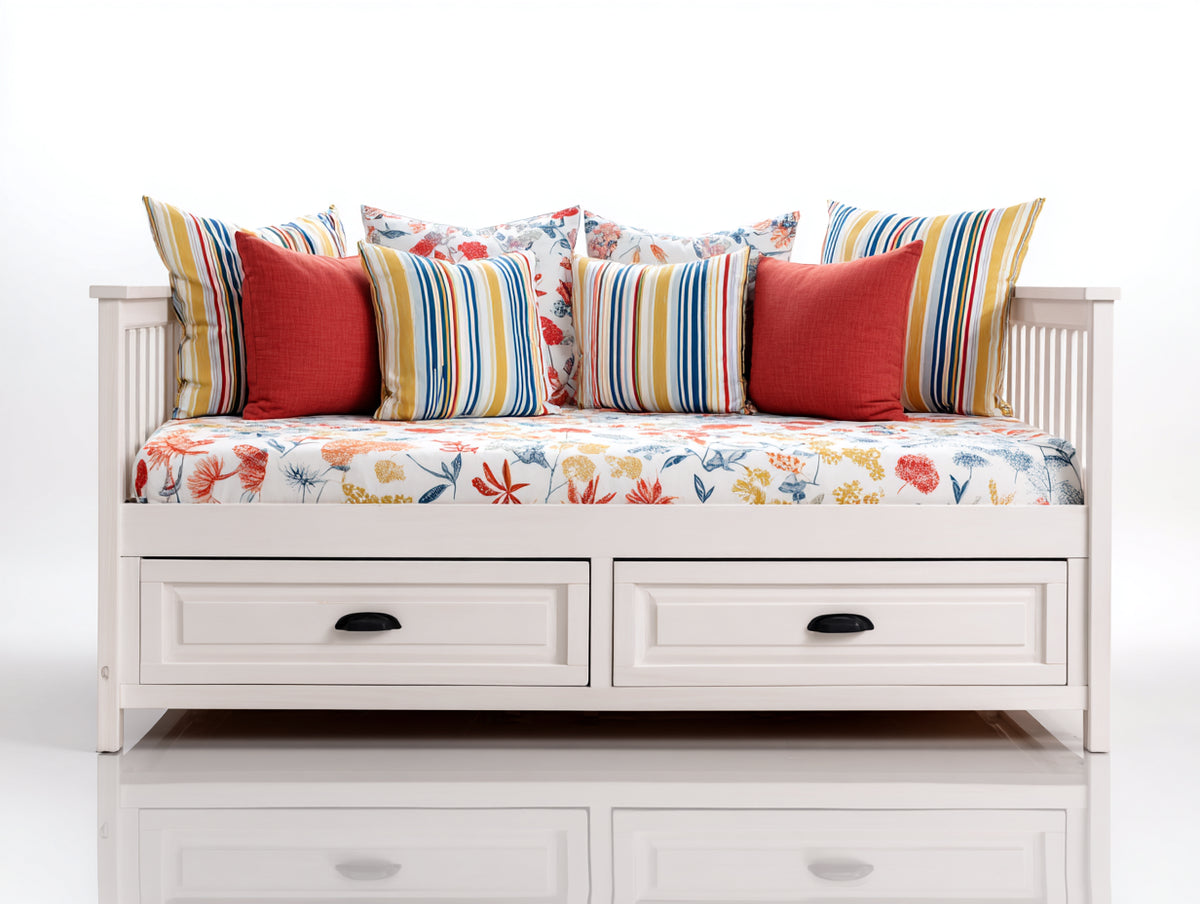 Sofás cama con almacenamiento - madera y tejido 200 x 95 x 85 cm - blanco-multicolor - diseño compacto con 2 cajones