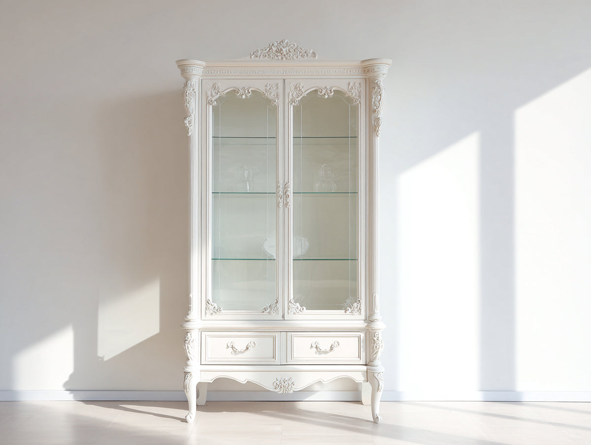 Vitrinas de madera con 2 puertas de vidrio y 2 cajones 105x45x195 cm - blanco - diseño clásico ornamentado con estantes interiores
